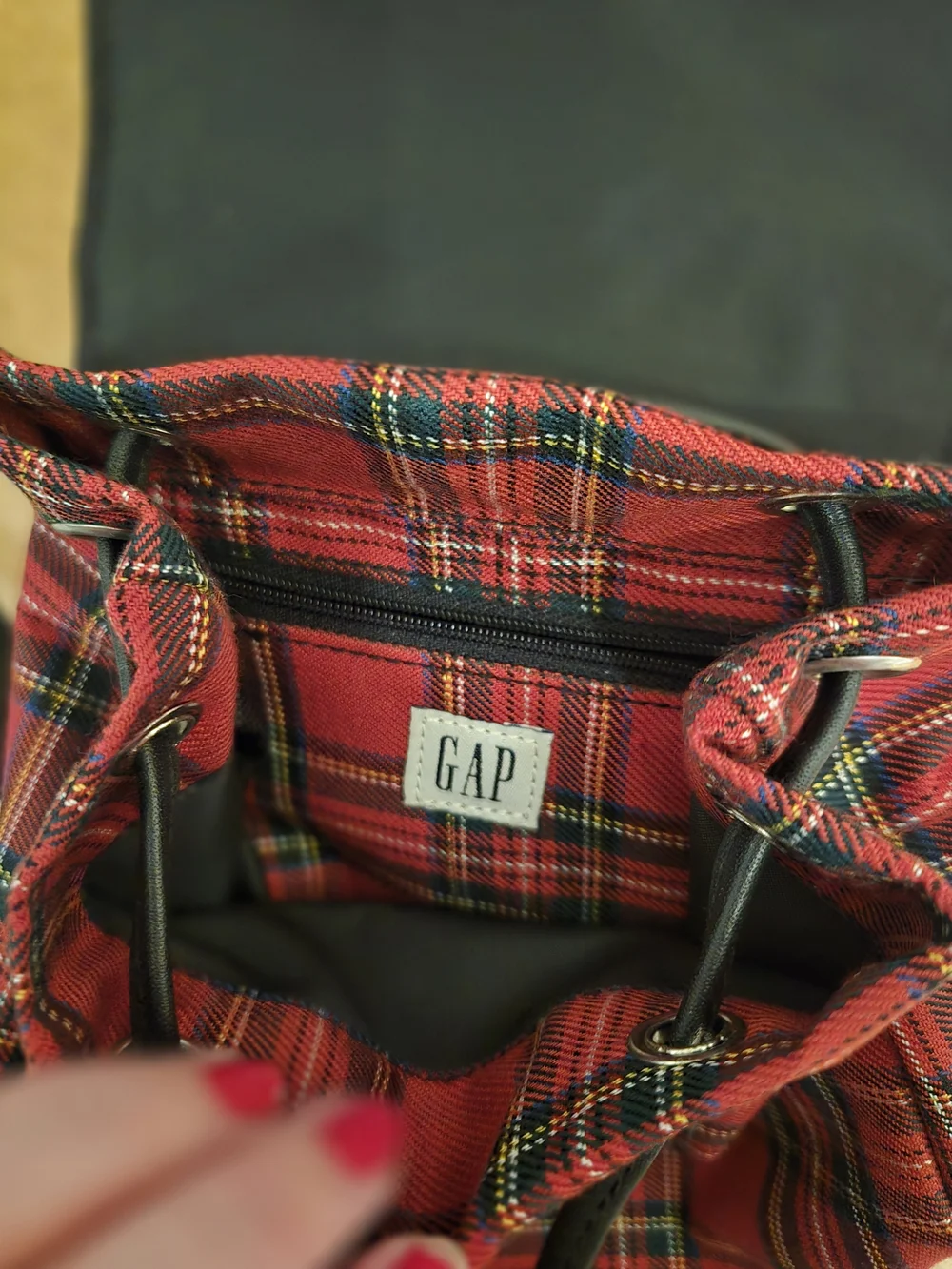 Vintage GAP Red Tartan Drawstring Bucket Bag with Black Accents